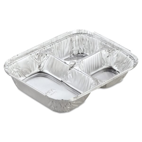 HFA Aluminum Oblong Container with Lid, 3-Compartment, 24 oz, 8.5 x 6.38 x 1.47, Silver, 250/Carton (204535250W)