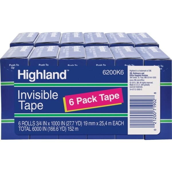 Highland 3/4"W Matte-finish Invisible Tape 27.78 yd Length x 0.75" Width - 1" Core - Matte - Clear - For Mending, Holding, Splicing - 6/Pack - 2 / Bundle (6200341000BD)