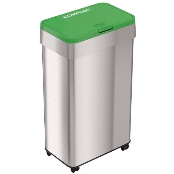 HLS Commercial Open Top Compost Bin with Wheels and Color-Coded Lid, 21 gal, Plastic/Stainless Steel, Silver/Green (HLS21UOTMCOP)