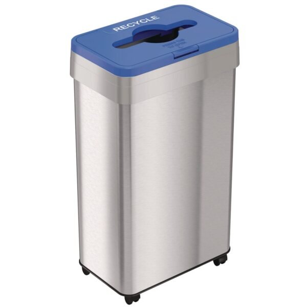 HLS Commercial Open Top Recycling Bin with Wheels and Color-Coded Lid, 21 gal, Plastic/Stainless Steel, Silver/Blue (HLS21UOTMREC)