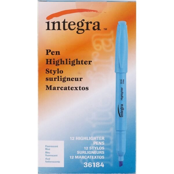 Integra Pen Style Fluorescent Highlighters Chisel Marker Point - Fluorescent Blue Ink - 1 Dozen (36184)