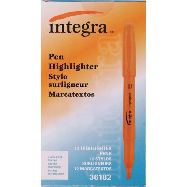Integra Pen Style Fluorescent Highlighters Chisel Marker Point - Fluorescent Orange Ink - 1 Dozen (36182)