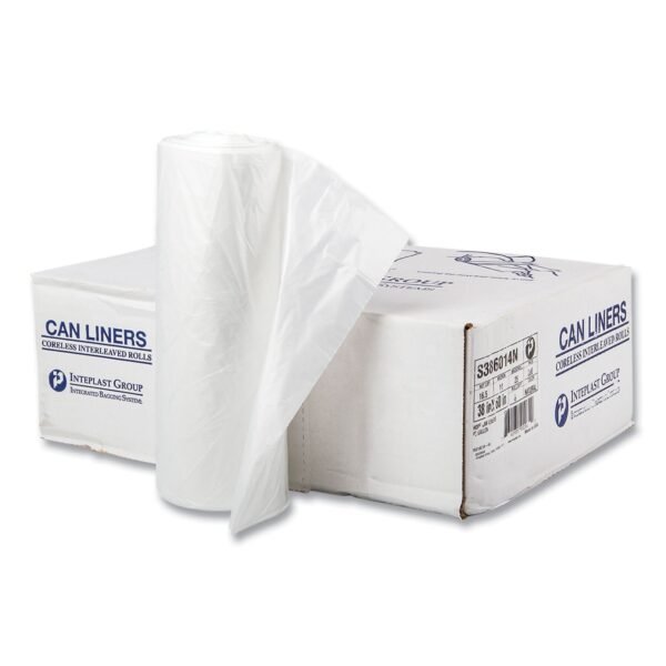 Inteplast Group High-Density Commercial Can Liners, 60 gal, 14 mic, 38" x 60", Clear, Interleaved Roll, 25 Bags/Roll, 8 Rolls/Carton (S386014N)
