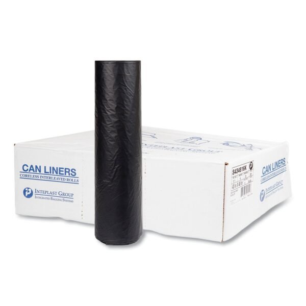 Inteplast Group High-Density Commercial Can Liners, 60 gal, 16 mic, 43" x 48", Black, Interleaved Roll, 25 Bags/Roll, 8 Rolls/Carton (S434816K)