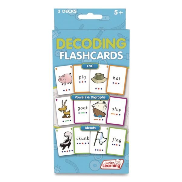 Junior Learning Inc Decoding Flashcards: Blend Patterns, CVC Words, Vowels/Digraphs, Grades K to 1, Assorted Colors, Three Decks of 54 Cards (211)