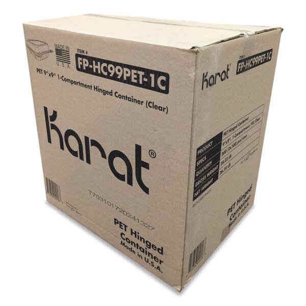 Karat PET Plastic Hinged Container, 9 x 9 x 3.6, Clear, Plastic, 100/Pack, 2 Packs/Carton (FPHC99PET1C)