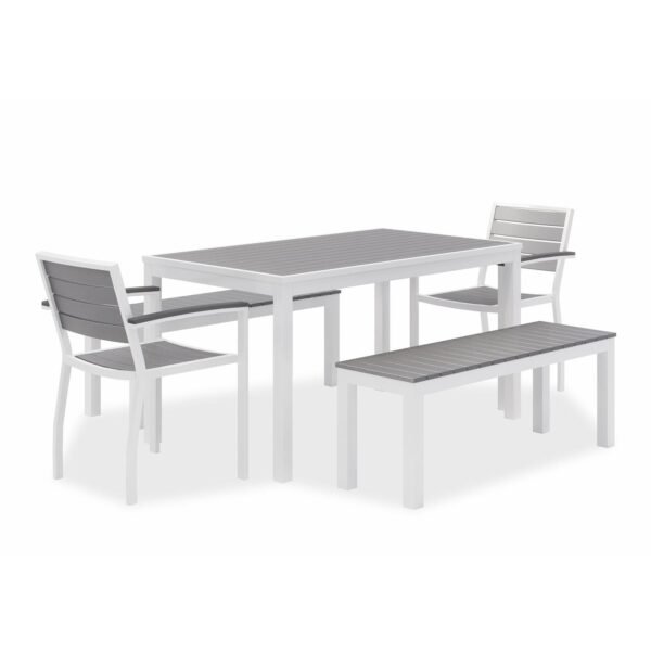 KFI Studios Eveleen Outdoor Dining Table Set, 55" x 35" x 29" Rectangular Table, 2 Benches, 2 Armchairs, Gray/White (840031918437)
