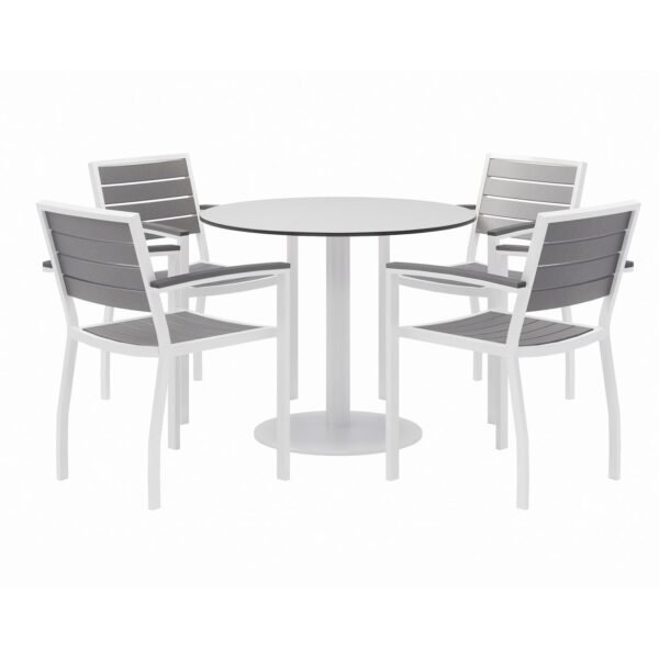 KFI Studios Eveleen Outdoor Patio Table, Four Gray Powder-Coated Polymer Chairs, Round, 36" Dia x 29h, White (840031918499)