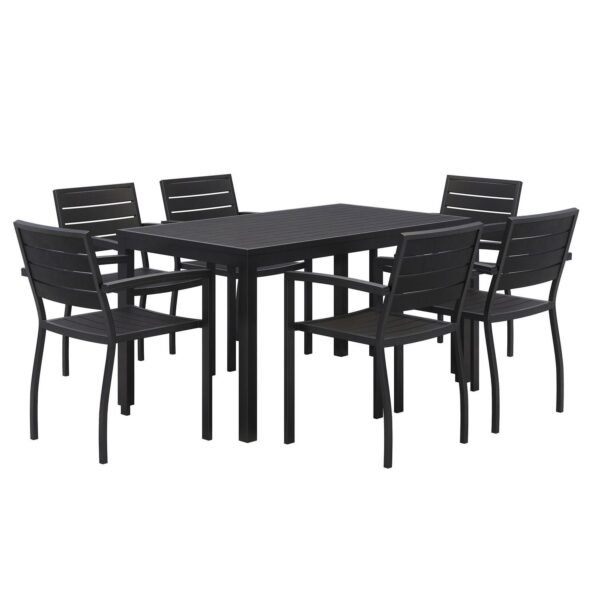 KFI Studios Eveleen Outdoor Patio Table with Six Black Powder-Coated Polymer Chairs, 32 x 55 x 29, Black (840031925244)