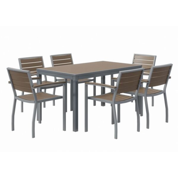 KFI Studios Eveleen Outdoor Patio Table with Six Mocha Powder-Coated Polymer Chairs, 32 x 55 x 29, Mocha (840031918529)