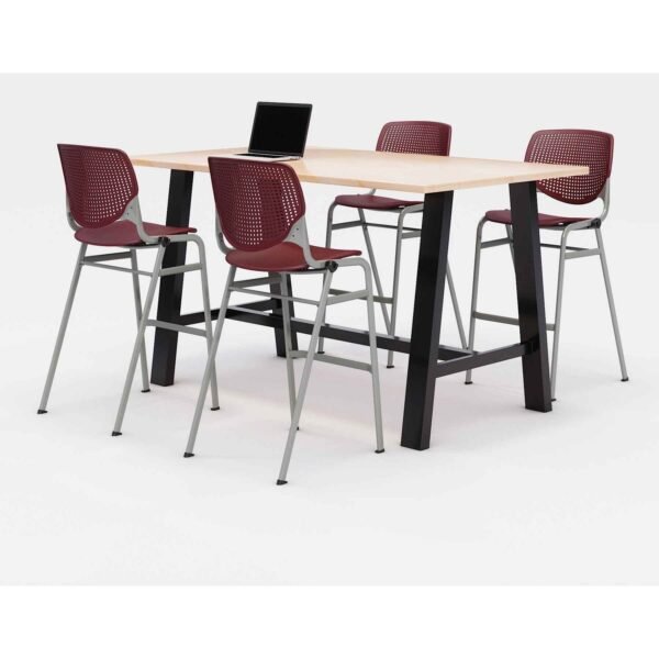 KFI Studios Midtown Bistro Dining Table with Four Burgundy Kool Barstools, 36 x 72 x 41, Kensington Maple (840031900746)