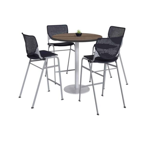 KFI Studios Pedestal Bistro Table with Four Black Kool Series Barstools, Round, 36" Dia x 41h, Designer White (811774037082)