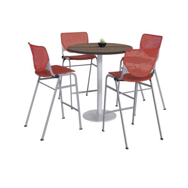 KFI Studios Pedestal Bistro Table with Four Coral Kool Series Barstools, Round, 36" Dia x 41h, Studio Teak (811774037303)