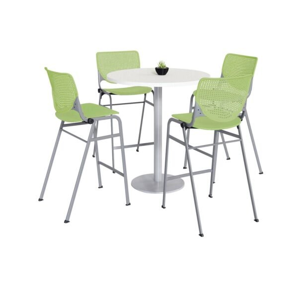 KFI Studios Pedestal Bistro Table with Four Lime Green Kool Series Barstools, Round, 36" Dia x 41h, Designer White (811774037112)