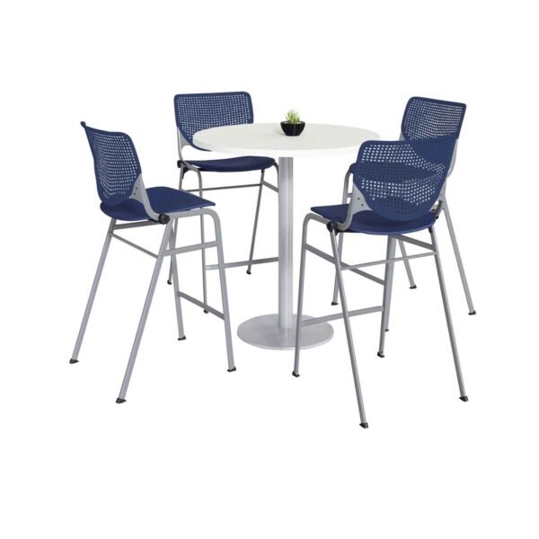 KFI Studios Pedestal Bistro Table with Four Navy Kool Series Barstools, Round, 36" Dia x 41h, Designer White (811774037051)