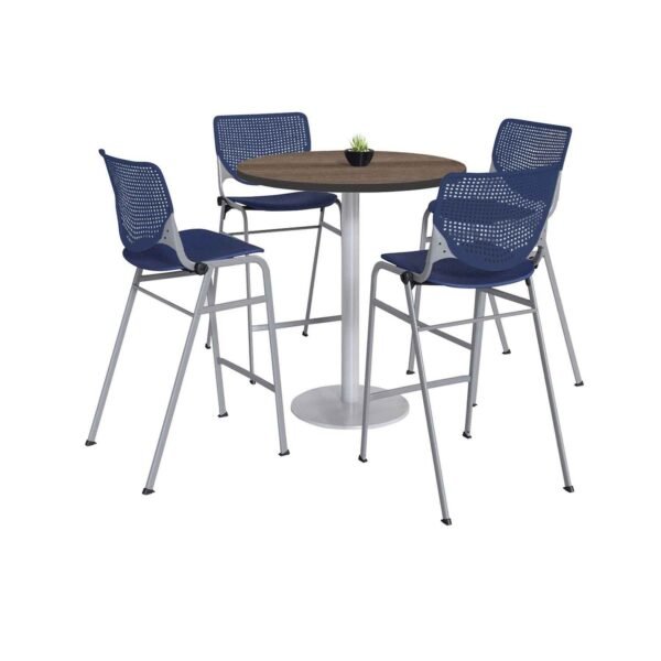 KFI Studios Pedestal Bistro Table with Four Navy Kool Series Barstools, Round, 36" Dia x 41h, Studio Teak (811774037266)