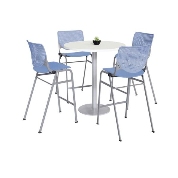 KFI Studios Pedestal Bistro Table with Four Periwinkle Kool Series Barstools, Round, 36" Dia x 41h, Designer White (811774037136)