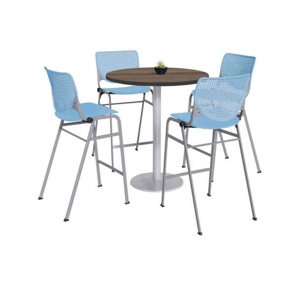 KFI Studios Pedestal Bistro Table with Four Sky Blue Kool Series Barstools, Round, 36" Dia x 41h, Studio Teak (811774037297)