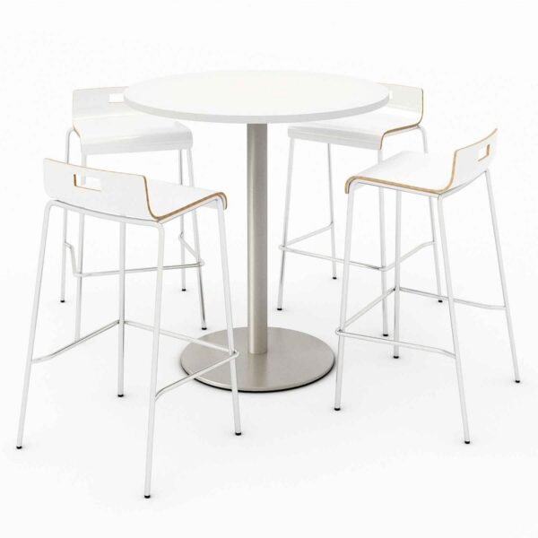 KFI Studios Pedestal Bistro Table with Four White Jive Series Barstools, Round, 36" Dia x 41h, Designer White (840031900128)