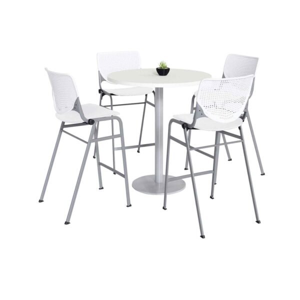 KFI Studios Pedestal Bistro Table with Four White Kool Series Barstools, Round, 36" Dia x 41h, Designer White (811774037075)