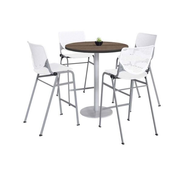 KFI Studios Pedestal Bistro Table with Four White Kool Series Barstools, Round, 36" Dia x 41h, Studio Teak (811774037273)