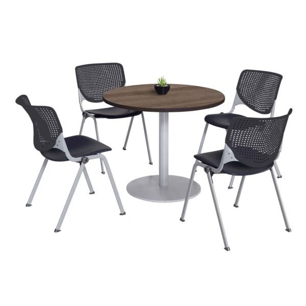 KFI Studios Pedestal Table with Four Black Kool Series Chairs, Round, 36" Dia x 29h, Studio Teak (811774036894)
