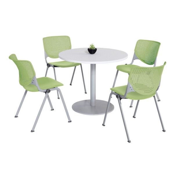 KFI Studios Pedestal Table with Four Lime Green Kool Series Chairs, Round, 36" Dia x 29h, Designer White (811774036726)