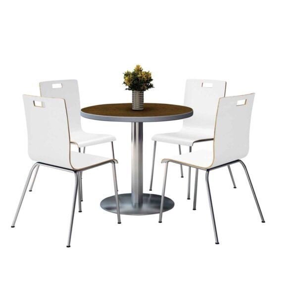 KFI Studios Pedestal Table with Four White Jive Series Chairs, Round, 36" Dia x 29h, Walnut (810389025088)