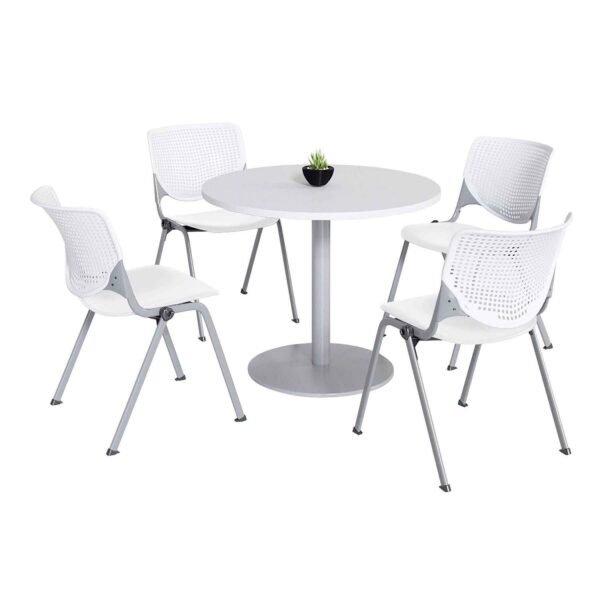 KFI Studios Pedestal Table with Four White Kool Series Chairs, Round, 36" Dia x 29h, Designer White (811774036689)