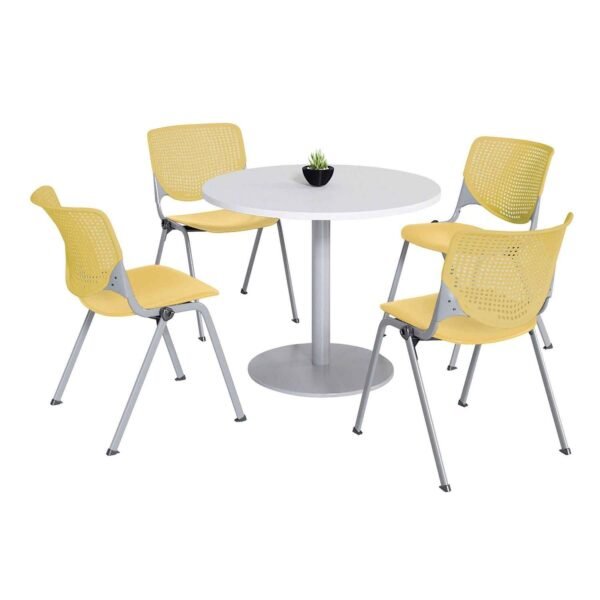 KFI Studios Pedestal Table with Four Yellow Kool Series Chairs, Round, 36" Dia x 29h, Designer White (811774036702)