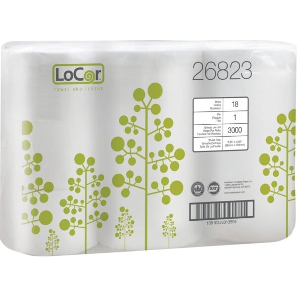 LoCor® High-Capacity Toilet Paper, 1 Ply, 3000 Sheets, 18 Rolls 1 Ply - 3.85" Width x 4.05" Length - 3000 Sheets/Roll - White - 18 Rolls Per Pack - 6 Pack - 3 / Carton (26823)