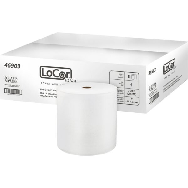 LoCor Paper Ultra Hard Wound Roll Towels 1 Ply - 7" Width x 700 ft Length - Full Emboss Pattern - White - Virgin Fiber - 6 / Carton (46903)
