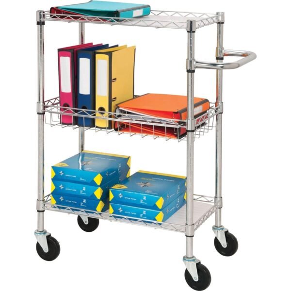 Lorell 3-Tier Rolling Cart 99 lb Capacity - 4 Casters - Steel - 16" Width x 26" Depth x 40" Height - Chrome - 1 Each (LLR84859)