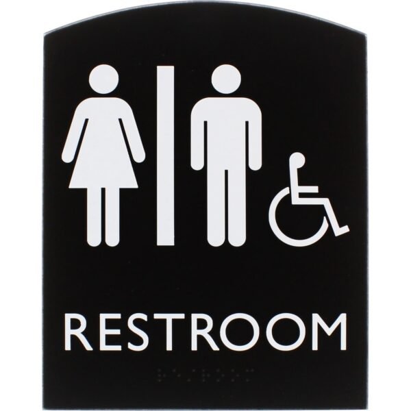 Lorell Arched Unisex Handicap Restroom Sign 6.8" Width x 8.5" Height - Rectangular Shape - Surface-mountable - Easy Readability, Braille - Plastic - Black - 1 Each (LLR02673)