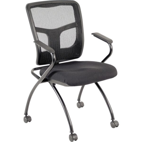 Lorell Mesh Back Nesting Training/Guest Chairs Fabric Seat Material - Powder Coated Frame Color - Metal Frame Material - Four-legged Base - Black - Mesh - Armrest - 2 / Carton...