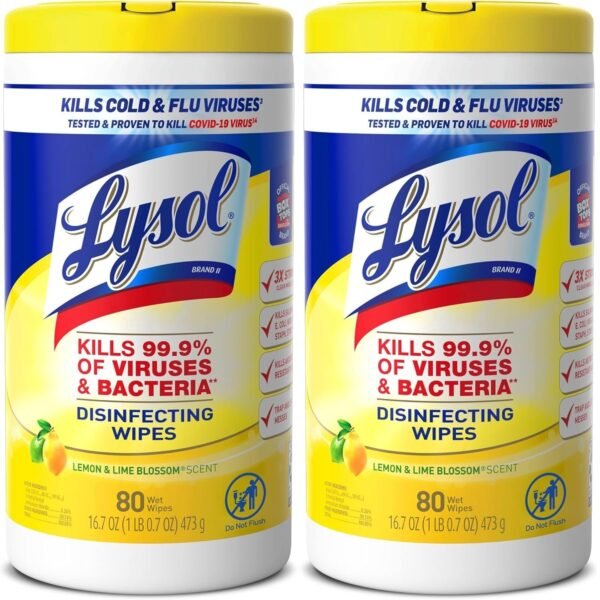 Lysol Disinfectant Wipes Multi-Surface Antibacterial Cleaning Wipes, Dorm Room Essentials For Disinfecting and Cleaning Lemon and Lime Blossom 80 Count (Pack of 2)