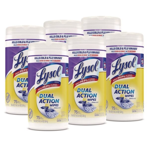 Lysol® Dual Action Disinfecting Wipes, 1-Ply, 75 Wipes per Canister, 6 Canisters (81700CT)