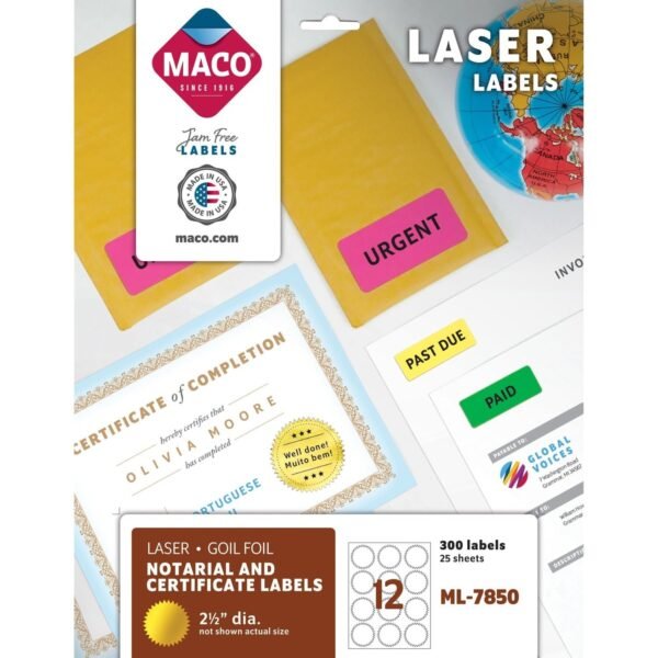 MACO Laser Gold Foil Notarial & Certificate Labels Round - 2.50" Diameter - Self-adhesive, Permanent - Gold - 300 / Pack (ML7850)
