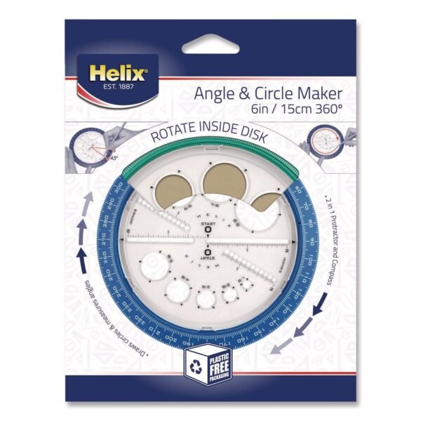Maped Helix 360 Angle and Circle Maker 2-in-1 Protractor and Compass Tool, 2" Ruler Edge, Plastic, Randomly Assorted Color (36002)