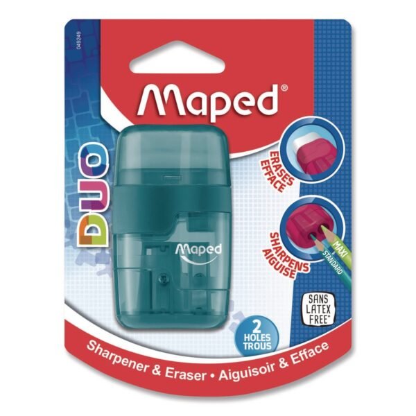 Maped Helix DUO 2-Hole Canister Pencil Sharpener/Eraser Combo, 3.74 x 1.08 x 4.92, Randomly Assorted Colors (049249)