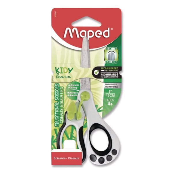 Maped Helix Kidy Spring-Assisted Educational Scissors Rounded Tip, 5.41" Long, 2" Cut Length, Straight White/ Black Handle (470249US)