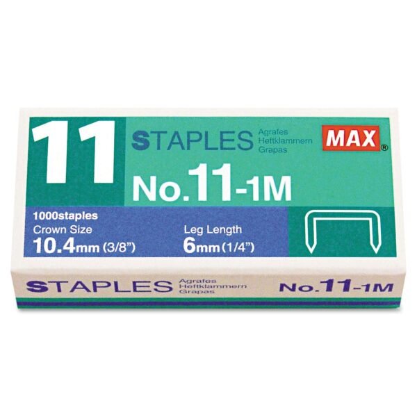 Max No. 11 Mini Staples, 0.25" Leg, 0.38" Crown, Steel, 1,000/Box (NO111M)