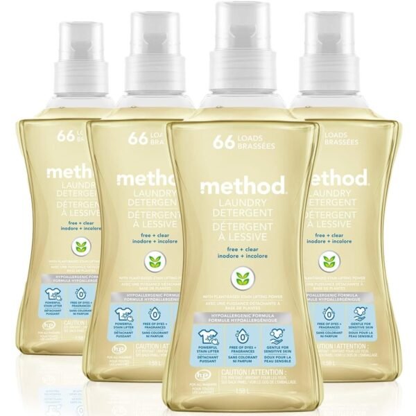 Method 4X Concentrated Laundry Detergent, Free and Clear, 53.5 oz Bottle, 4/Carton (01491)