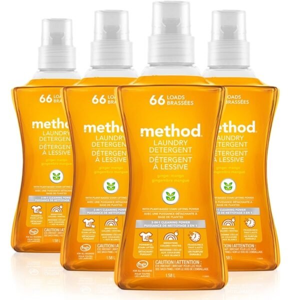Method 4X Concentrated Laundry Detergent, Ginger Mango, 53.5 oz Bottle, 4/Carton (01490)