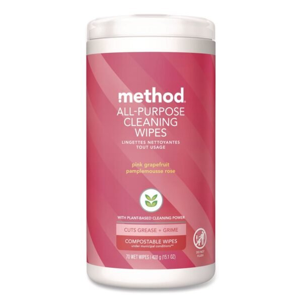 Method All Purpose Cleaning Wipes, 1 Ply, Pink Grapefruit, White, 70/Pack (365347)