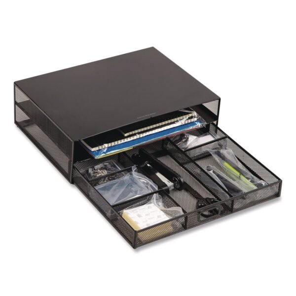 Mind Reader Multi-Tier Monitor Stand with 25-Piece Office Supplies Starter Pack, 15.75" x 11.75" x 4.5", Black, Supports 30 lb (MONSETBLK)