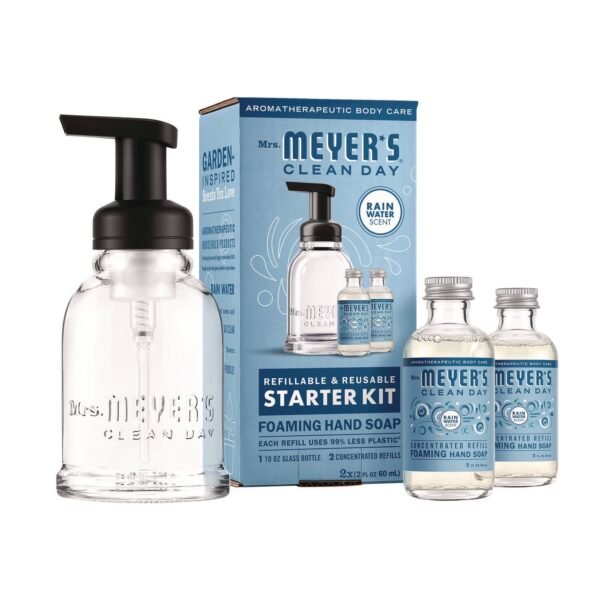 Mrs. Meyer's Foaming Hand Soap Concentrate Starter Kit, Rain Water, (2) 2 oz Refill Bottles, 10 oz Dispenser Bottle (355607)
