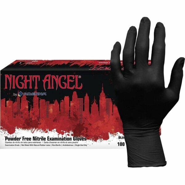 NIGHT ANGEL Nitrile Powder Free Exam Glove 4 mil Thickness x 9.40" Glove Length - Large Size - For Right/Left Hand - Nitrile - Black - Latex-free, Soft, Flexible, Non-sterile,...