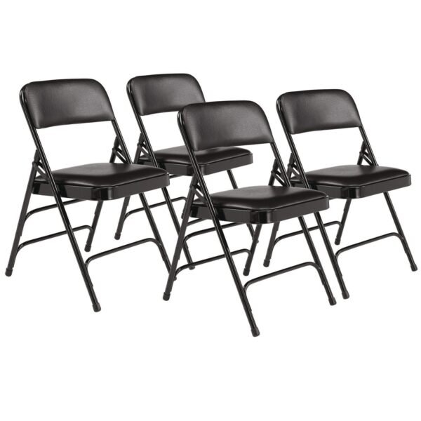 NPS 1300 Series Premium Vinyl Upholstered Triple Brace Double Hinge Folding Chair, Supports 500 lb, Black Seat/Back/Base, 4/Pack (1310)