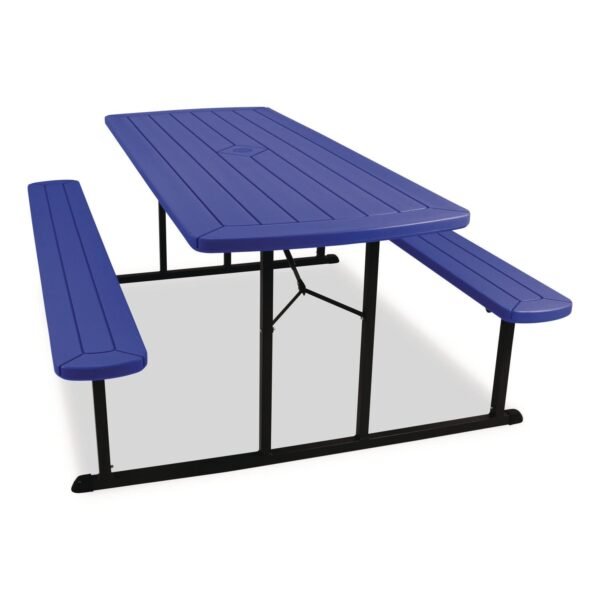 NPS Blow Molded Folding Picnic Table, Rectangular, 57w x 72d x 29.5h, Blue Top, Black Base/Legs (BMPT3072BK04)